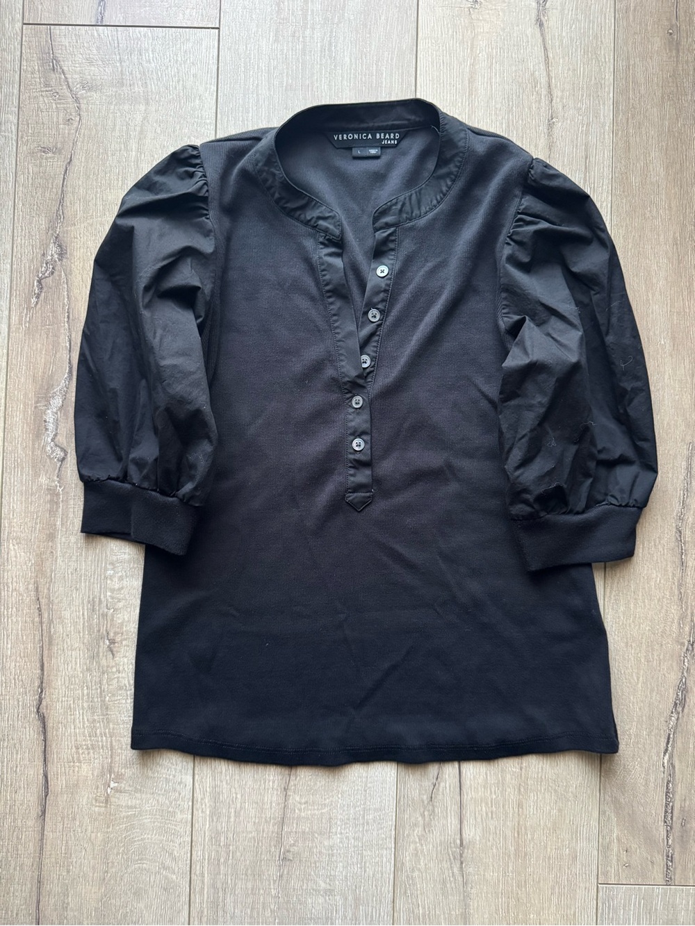 Veronica Beard Black Puff Sleeve Button Front Top Size L